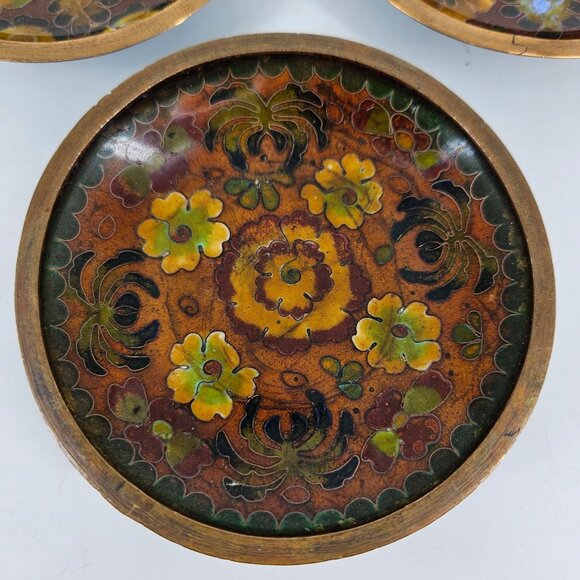 Enamel Cloisonne Dish Plate Trinket 4" Circle China Brown Floral Handpaint Lot 4 - Picture 5 of 7